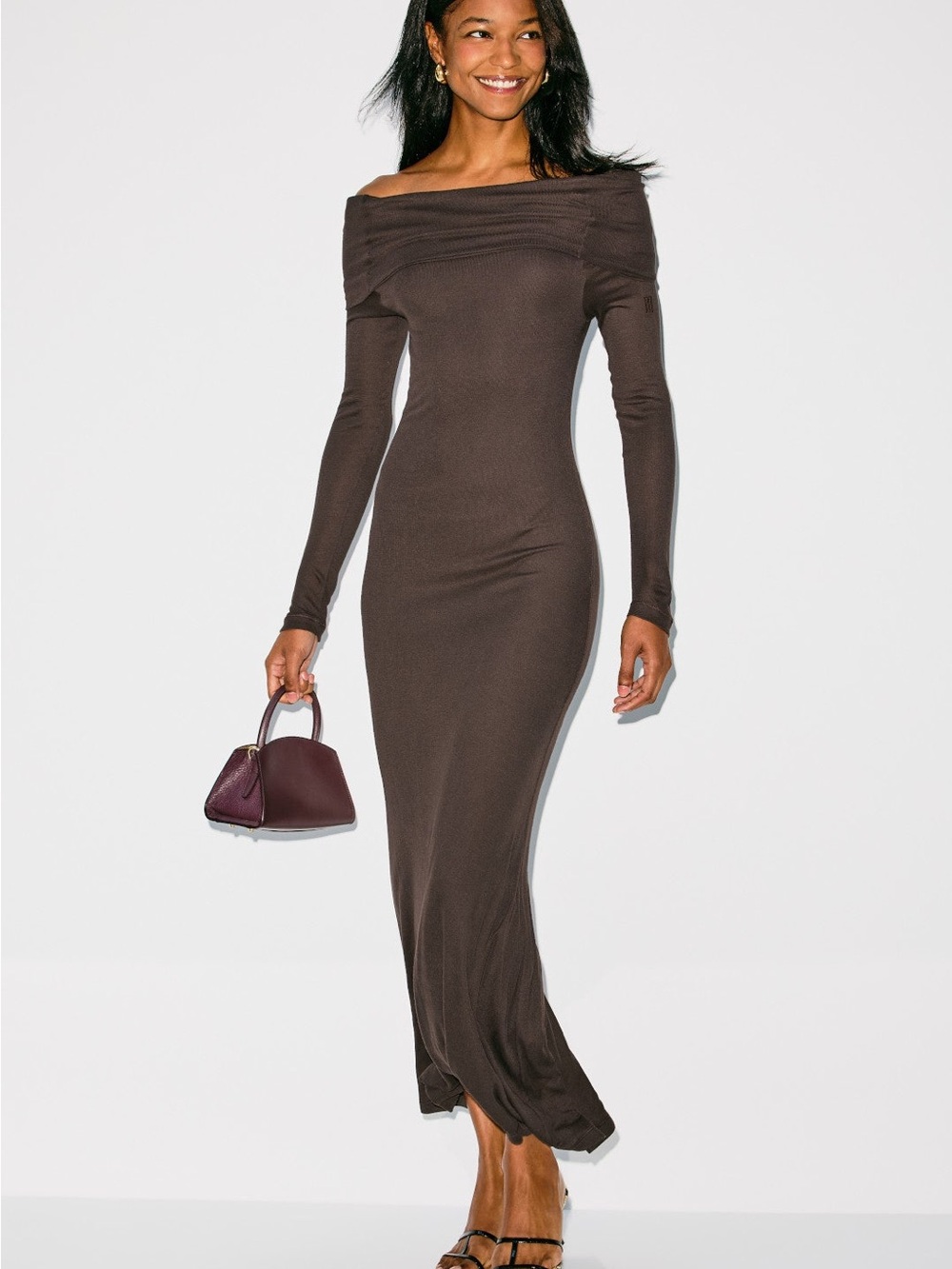 By Malene Birger Brown Off-the-Shoulder Long Sleeve Maxi Dress